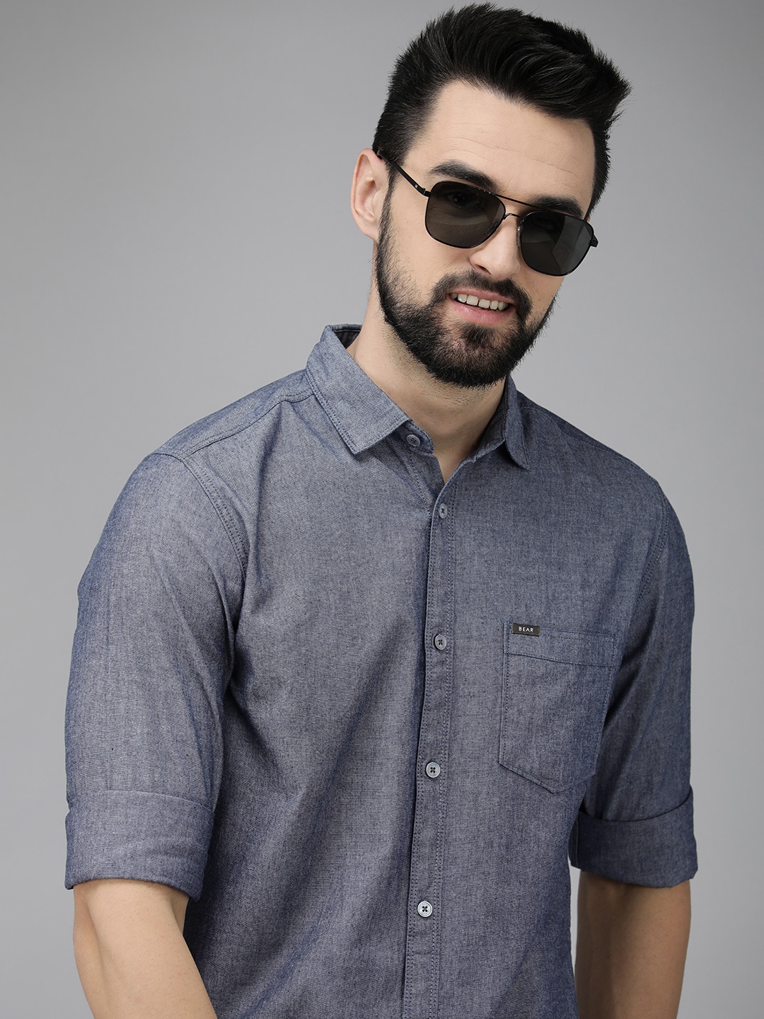 

THE BEAR HOUSE Men Blue Pure Cotton Slim Fit Casual Denim Shirt
