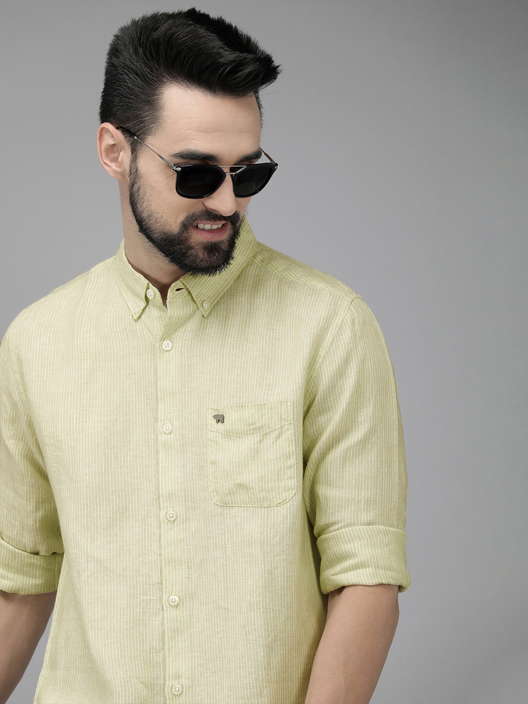 

THE BEAR HOUSE Men Green Linen Cotton Pinstripes Slim Fit Casual Shirt