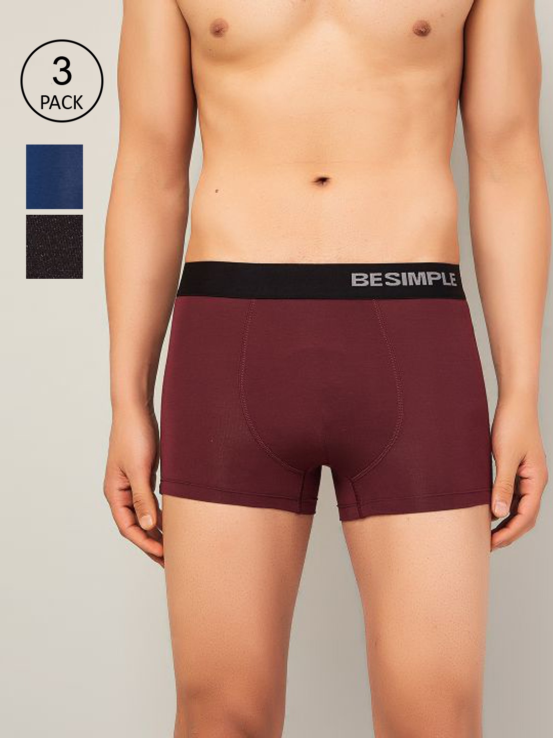 

BESIMPLE Men Pack of 3 Solid Snug FitUltra-Light with Microfiber Waistband Trunks, Maroon