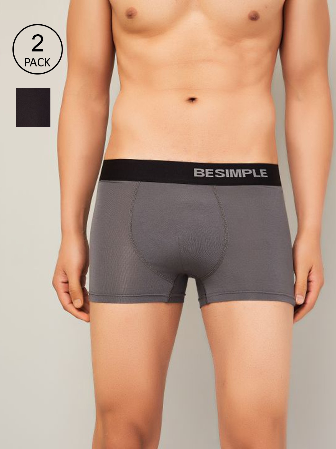 

BESIMPLE Men Pack of 2 Black & Grey Solid Snug Fit Trunk