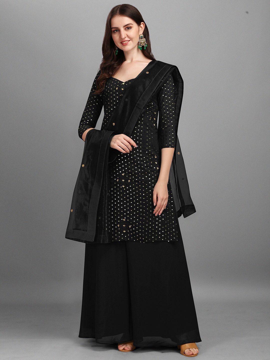 

Fashionuma Black Embroidered Semi-Stitched Dress Material