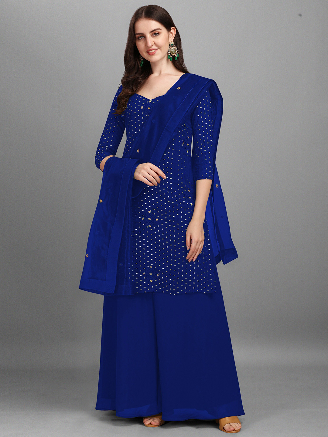 

Fashionuma Blue Embroidered Sequined Semi-Stitched Dress Material