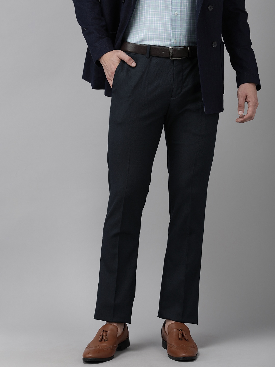 

Arrow Men Navy Blue Textured Tailored Fit Formal Trousers