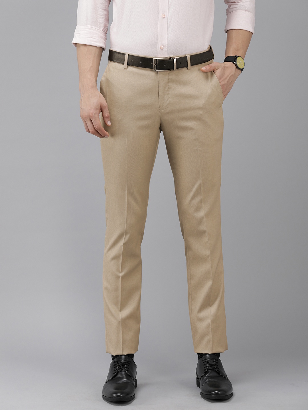 

Arrow Men Beige Self Design Textured Mid-Rise Tailored Fit Formal Trousers