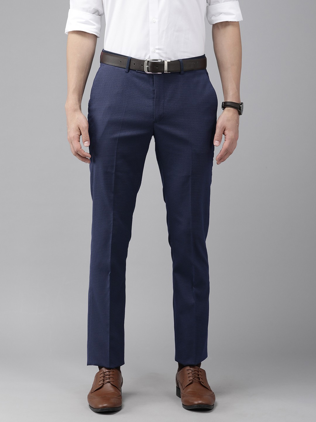 

Arrow Men Navy Blue Textured Hudson Tailored Fit Trousers