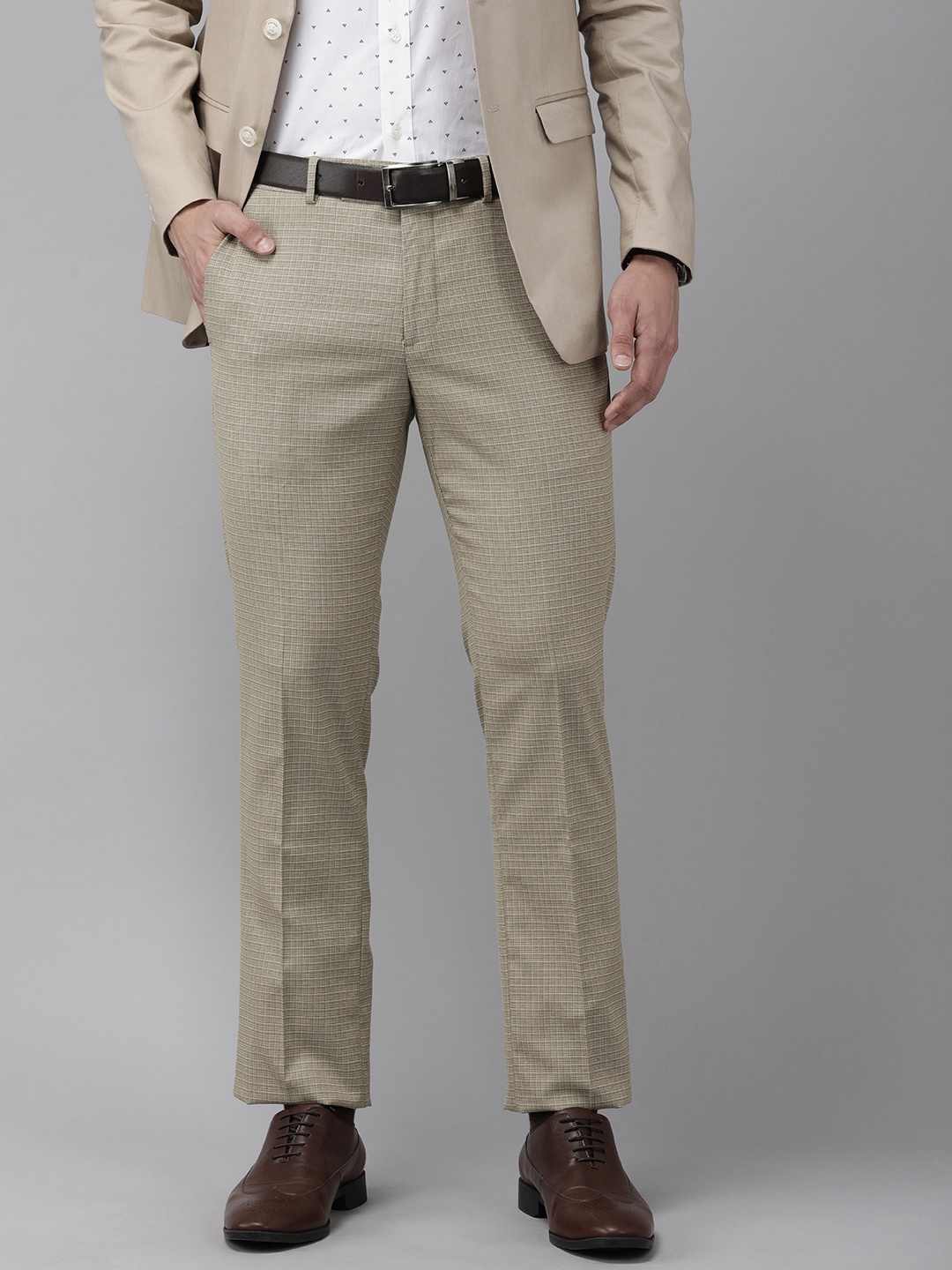 

Arrow Men Beige Checked Hudson Tailored Fit Formal Trousers