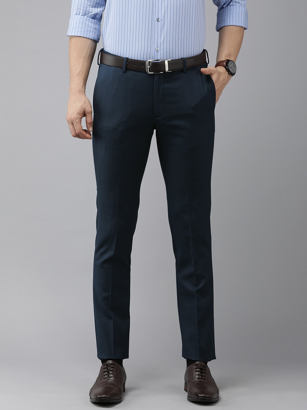 

Arrow Men Navy Blue Checked Hudson Slim Fit Mid-Rise Formal Trousers