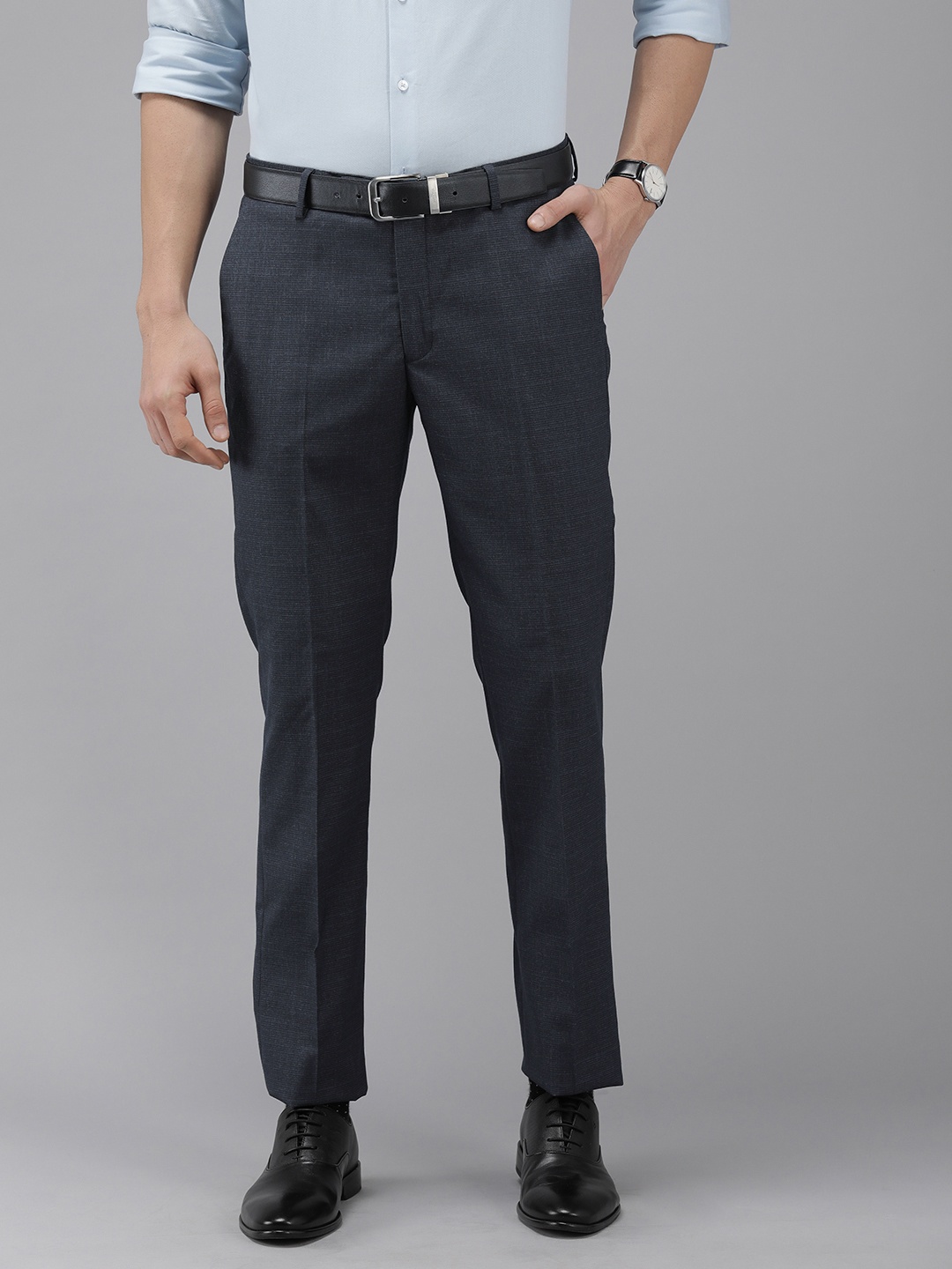 

Arrow Men Navy Blue Self Design Textured Mid-Rise Tailored Fit Formal Trousers