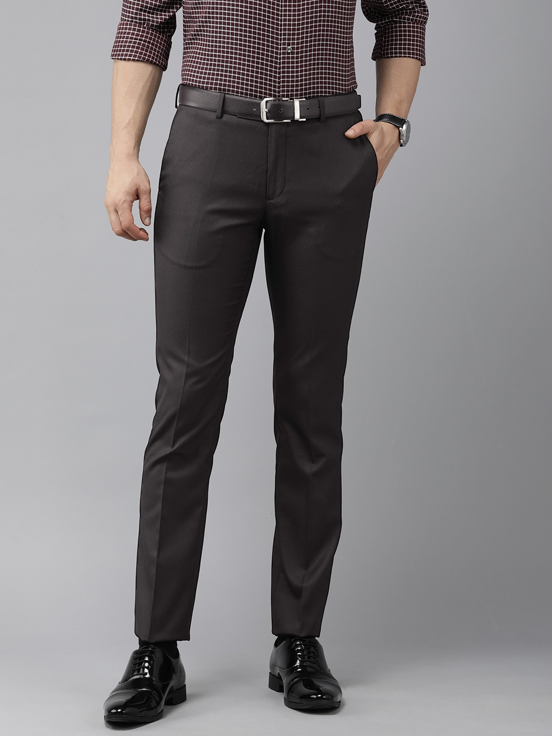 

Arrow Men Black Self Designed Mid Rise Formal Tailored Trousers