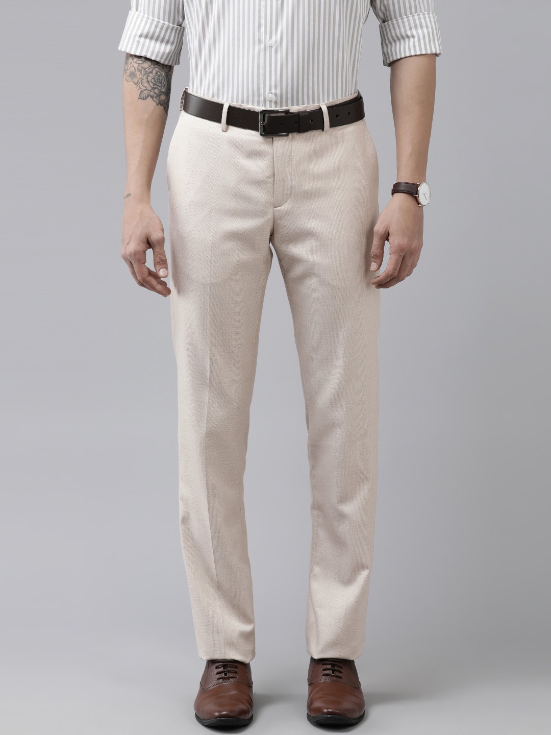 

Arrow Men Beige Textured Self Design Tailored Fit Mid-Rise Plain Woven Formal Trousers