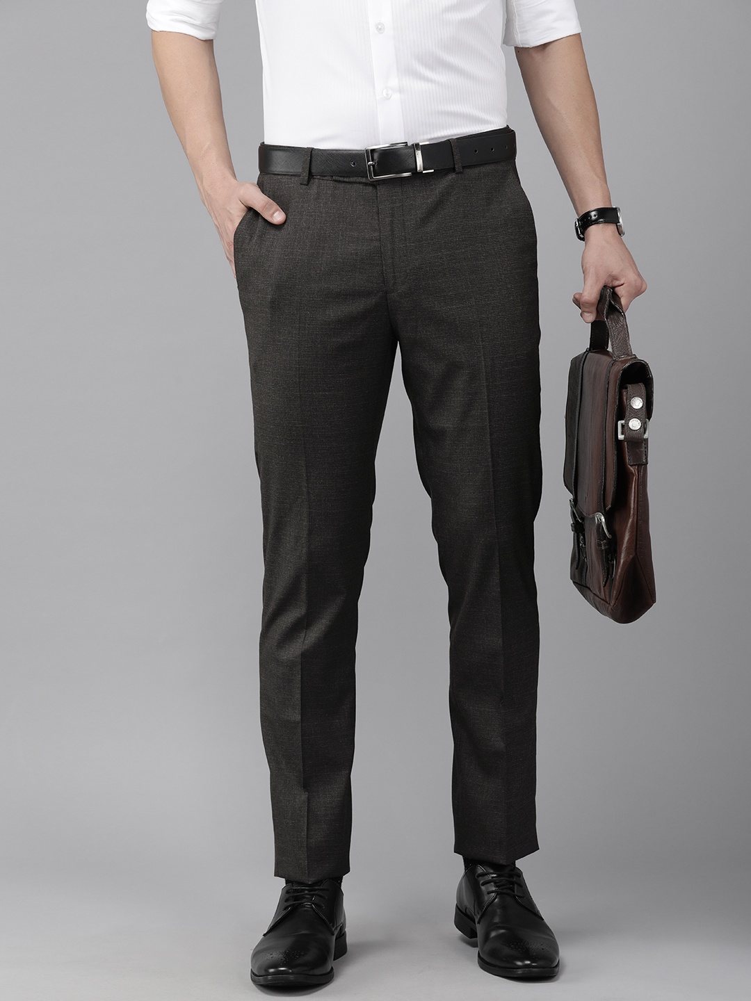 

Arrow Men Brown Self Design Textured Tailored Fit Formal Trousers