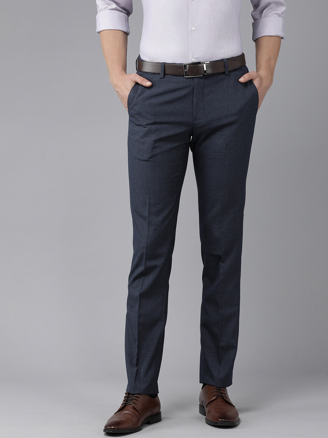 

Arrow Men Navy Blue Checked Tailored Fit Formal Trousers