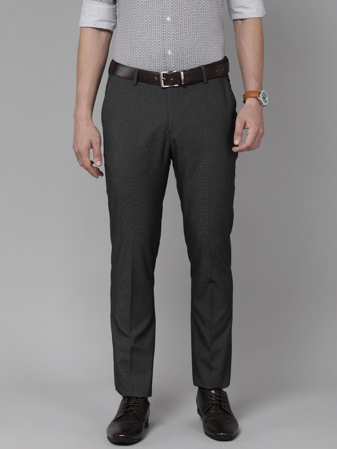 Arrow Men Grey Textured Tailored Fit Formal Trousers