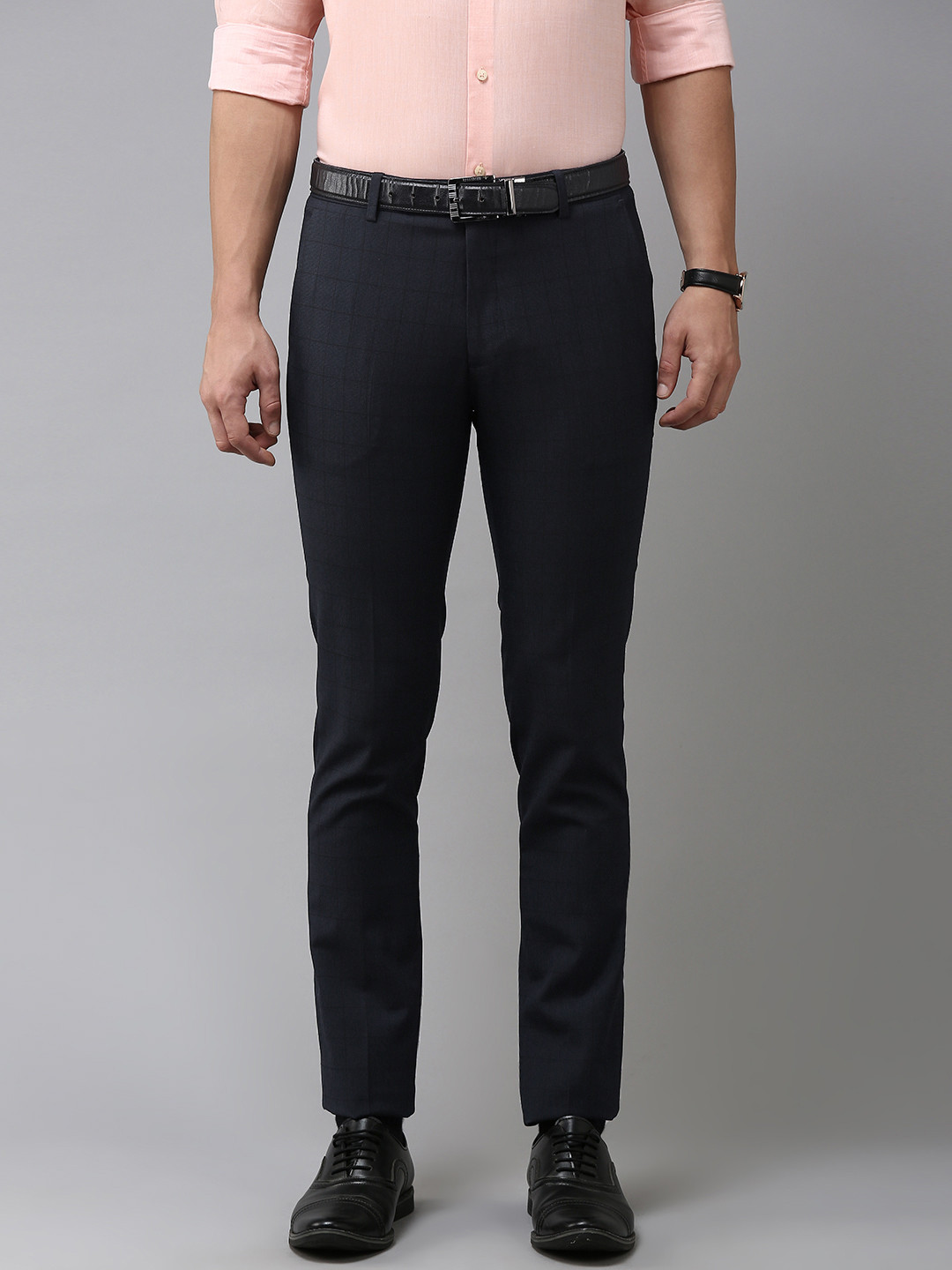 

Arrow Men Checked Original Slim Fit Formal Trousers, Navy blue