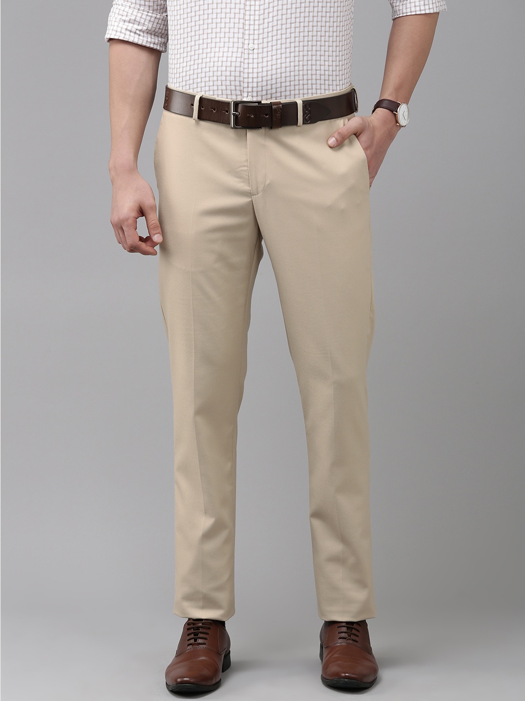 

Arrow Men Khaki Textured Self Design Tailored Fit Mid-Rise Plain Woven Formal Trousers