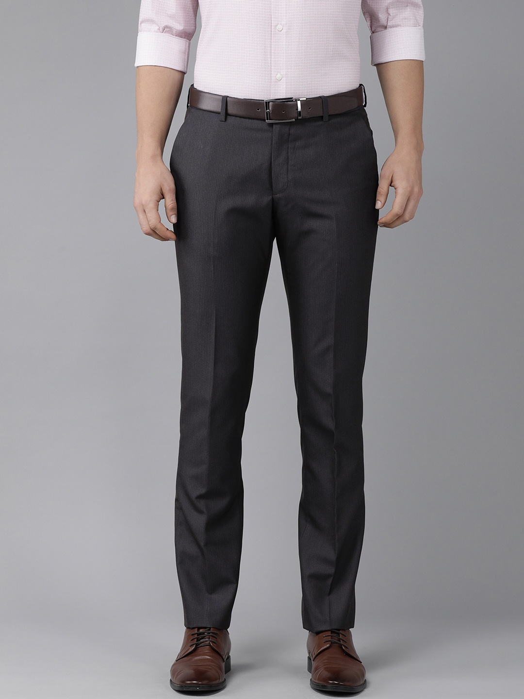 

Arrow Men Blue Self Design Striped Tailored Flat Front Tailored Fit Formal Trousers
