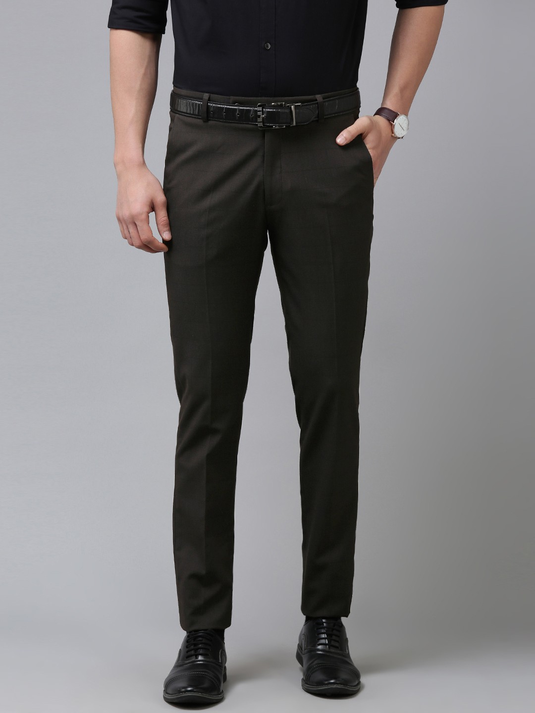

Arrow Men Black Textured Checked Original Slim Fit Solid Trousers, Grey