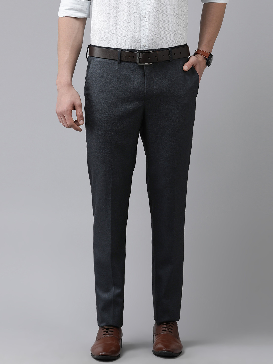 

Arrow Men Dark Blue Self-Design Solid Tailored Formal Trouser