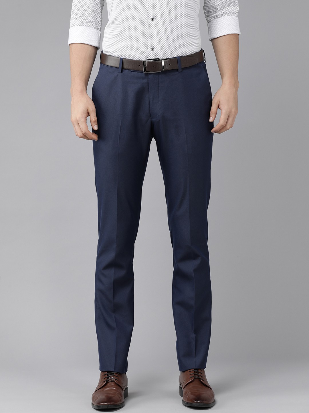 

Arrow Men Dark Blue Solid Tailored Fit Mid-Rise Flat Front Formal Trousers