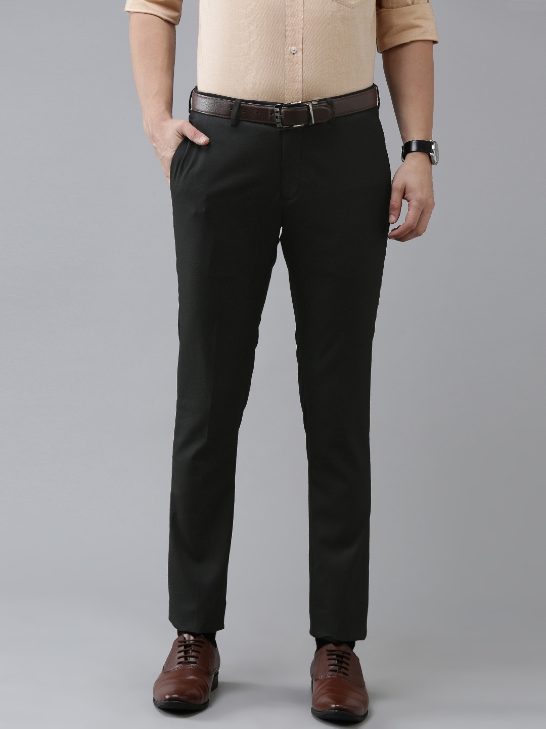

Arrow Men Black Self-Design Tailored Fit Regular Trousers
