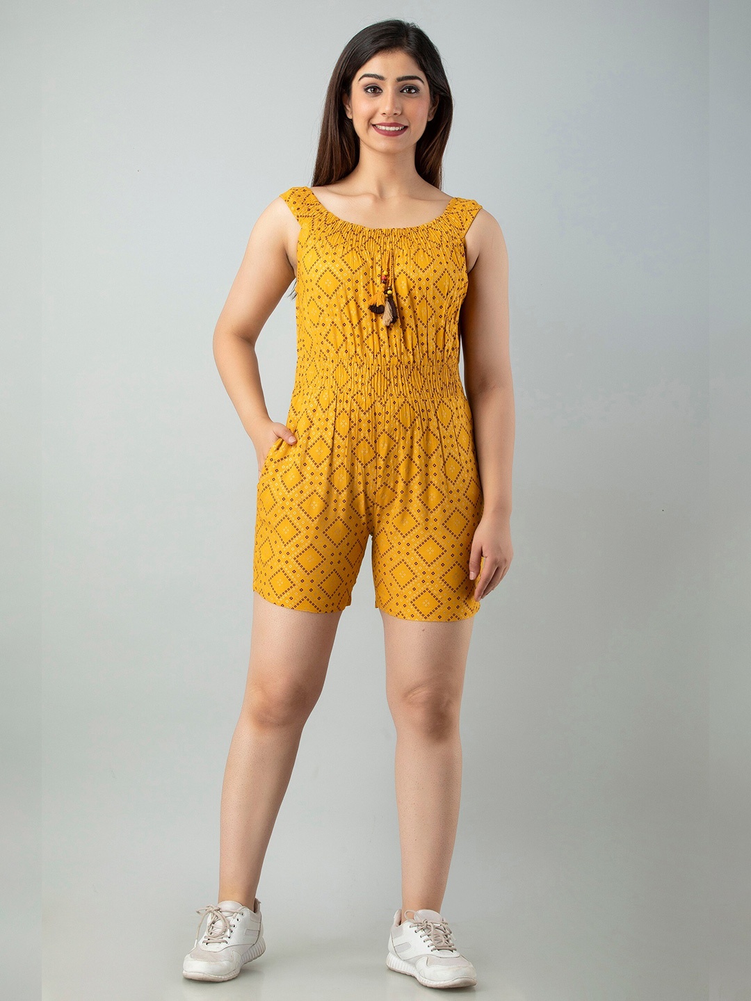 

CKM Yellow & Brown Printed Playsuit