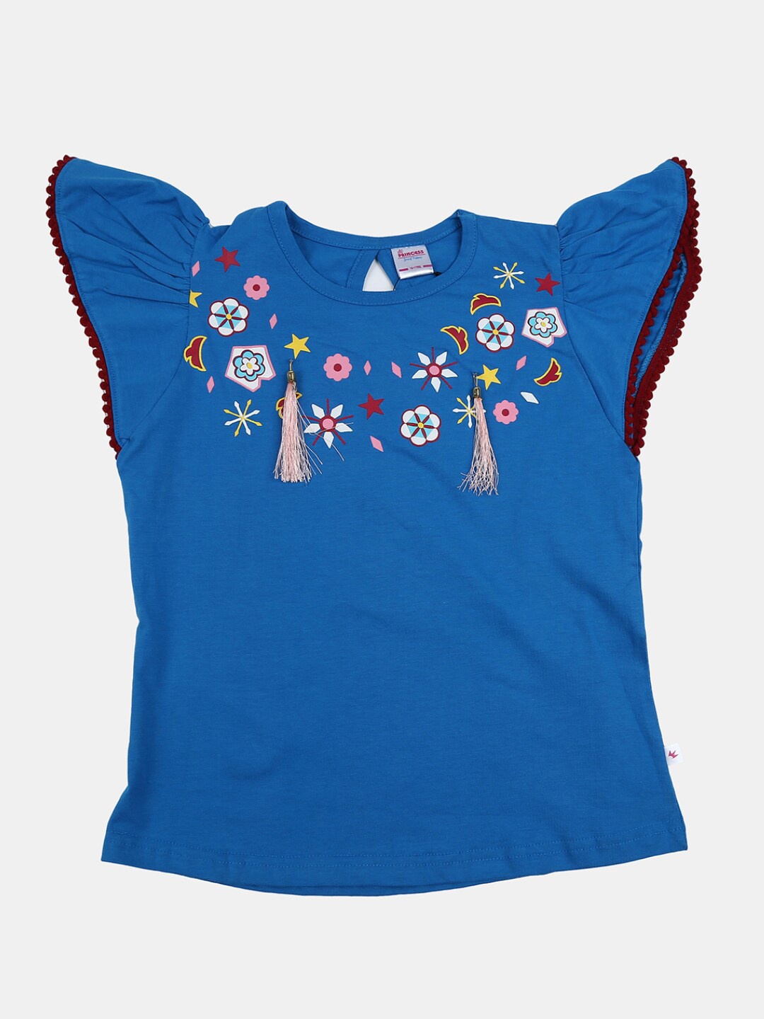 

V-Mart Girls Blue Printed V-Neck Applique T-shirt