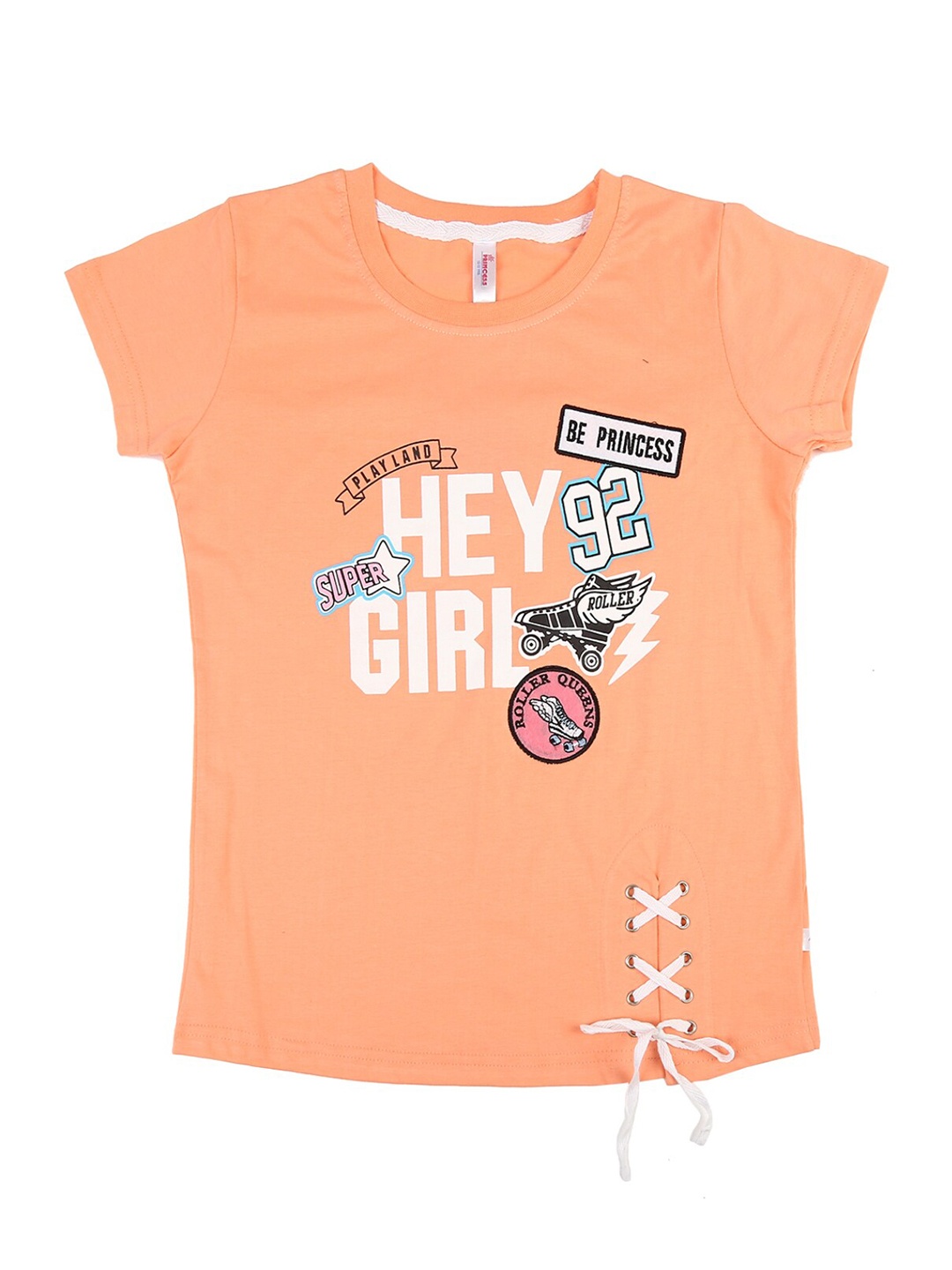 

V-Mart Girls Peach-Coloured Typography Printed Applique T-shirt