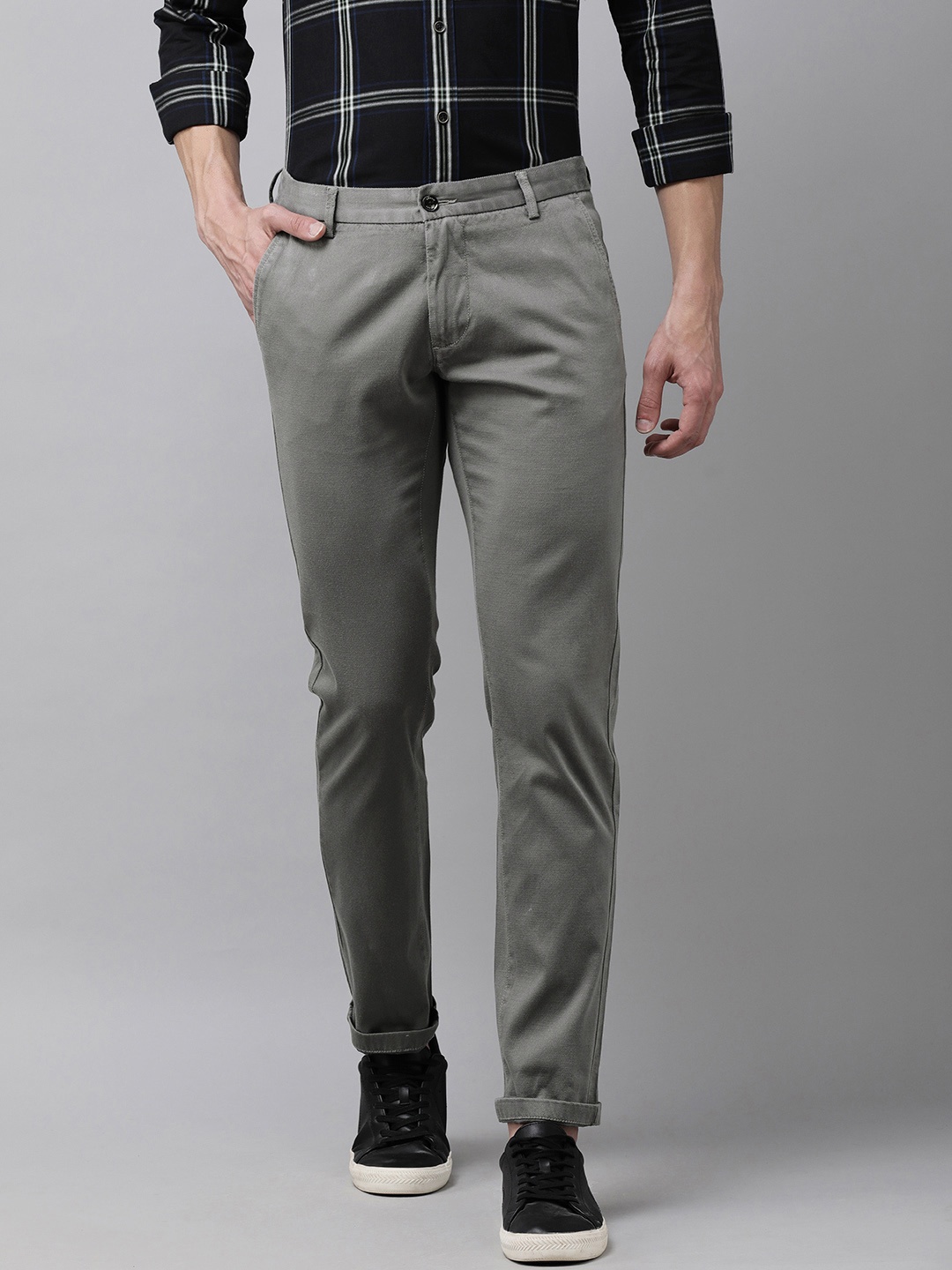 

Arrow Sport Men Grey Textured self Design Original Slim Fit Mid-Rise Plain Woven Trousers