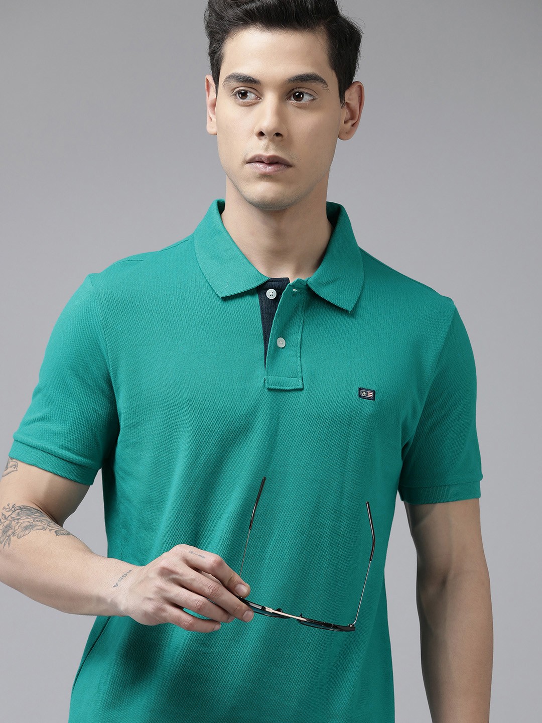 

Arrow Men Sea Green Solid Polo Collar Pure Cotton Brand Logo Applique Knitted T-shirt