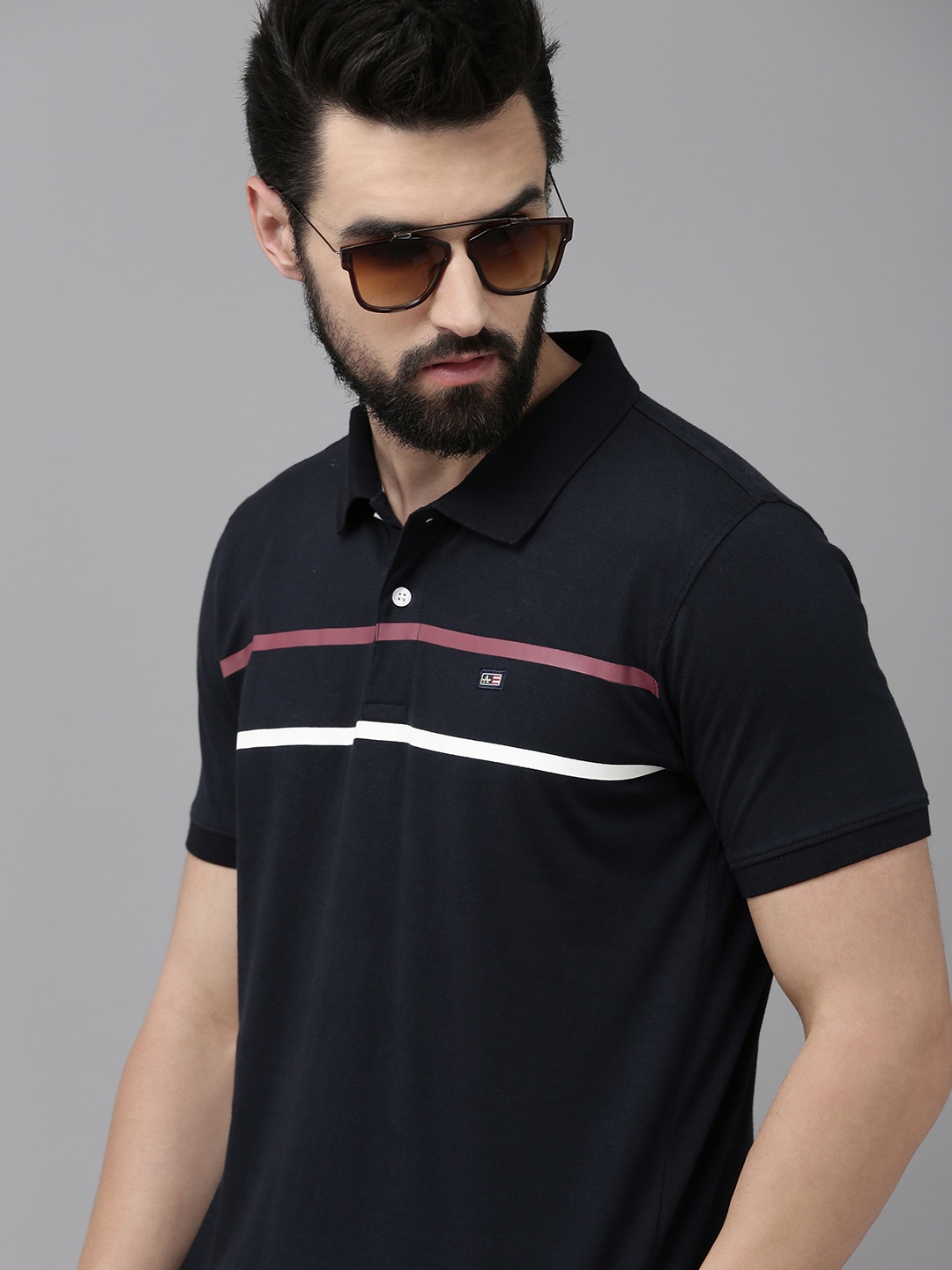 

Arrow Men Navy Blue Striped Polo Collar Pure Cotton T-shirt