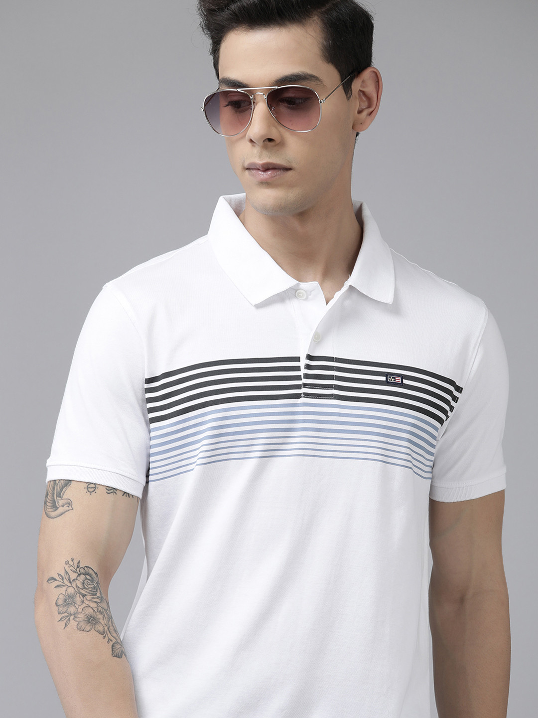 

Arrow Men White & Black Multi Stripes Polo Collar Pure Cotton Brand Logo Applique T-shirt