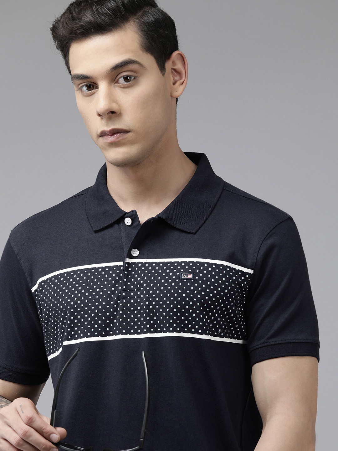 

Arrow Men Navy Blue Printed Polo Collar T-shirt