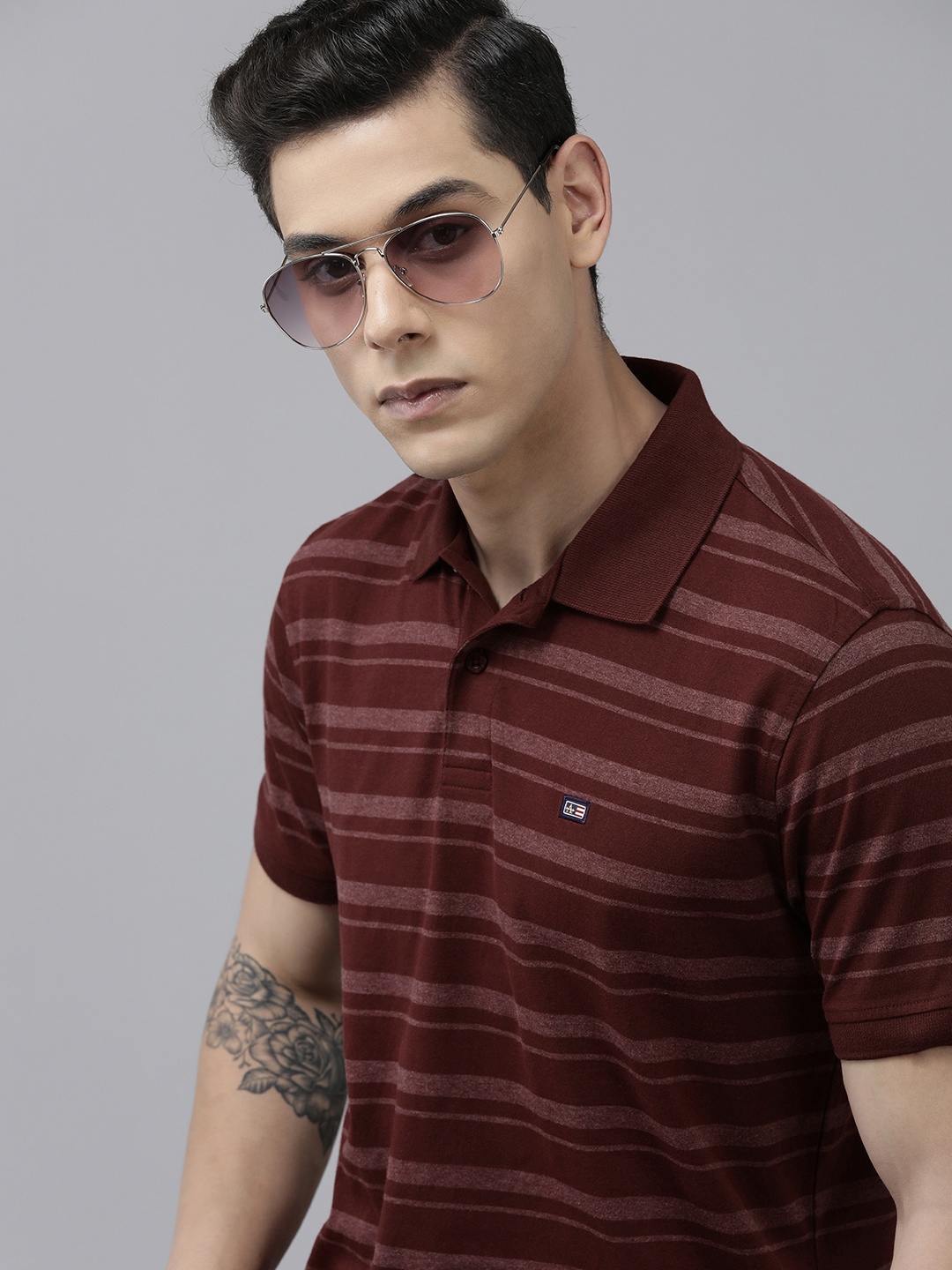 

Arrow Men Maroon Striped Polo Collar Brand Logo Applique Regular Fit T-shirt