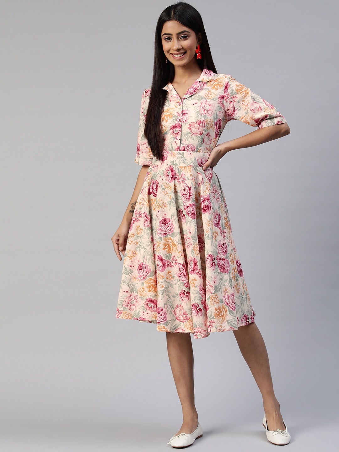 

Ayaany Cream-Coloured & Pink Floral Dress