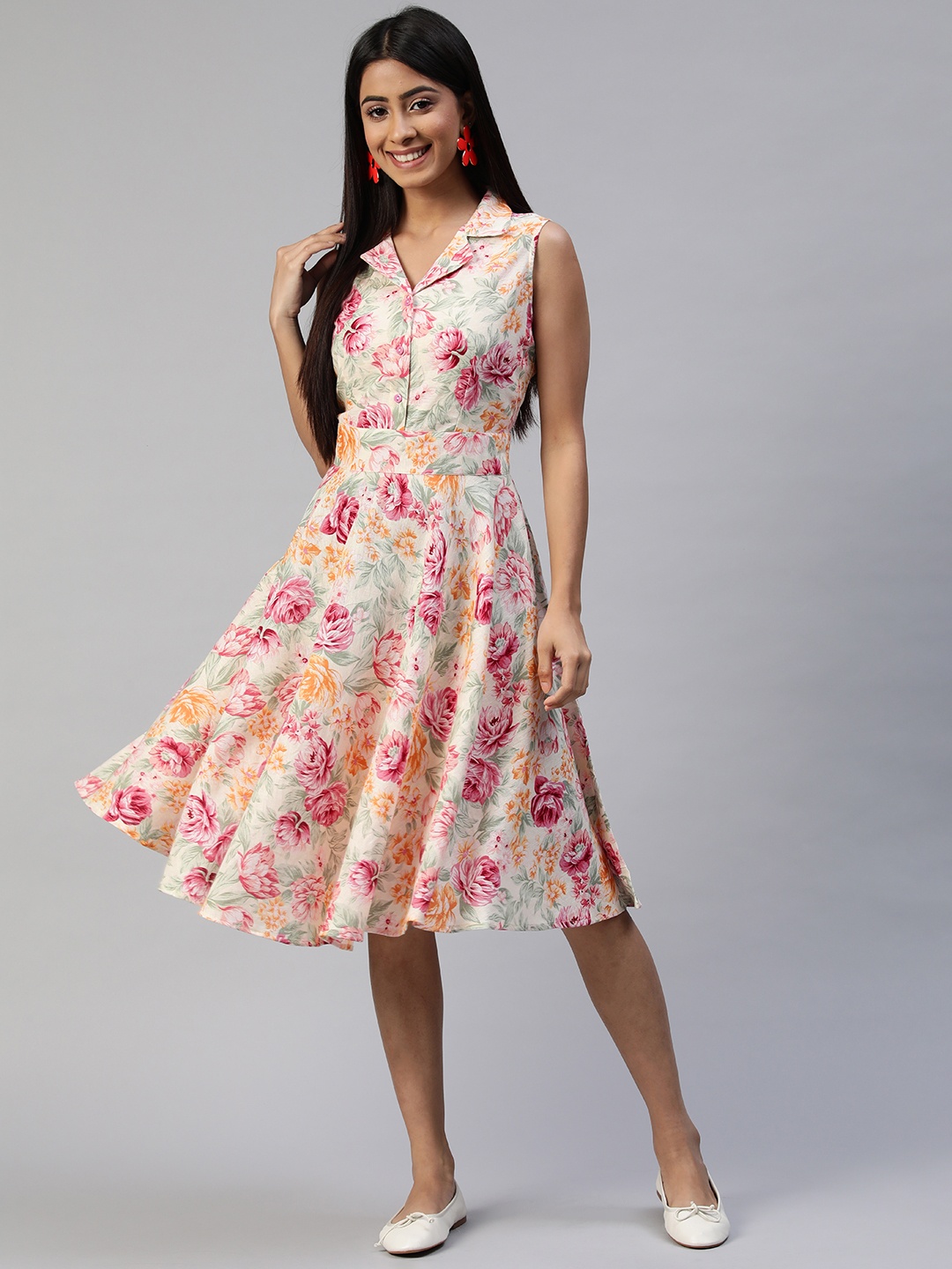 

Ayaany Cream-Coloured & Pink Flared Floral Dress