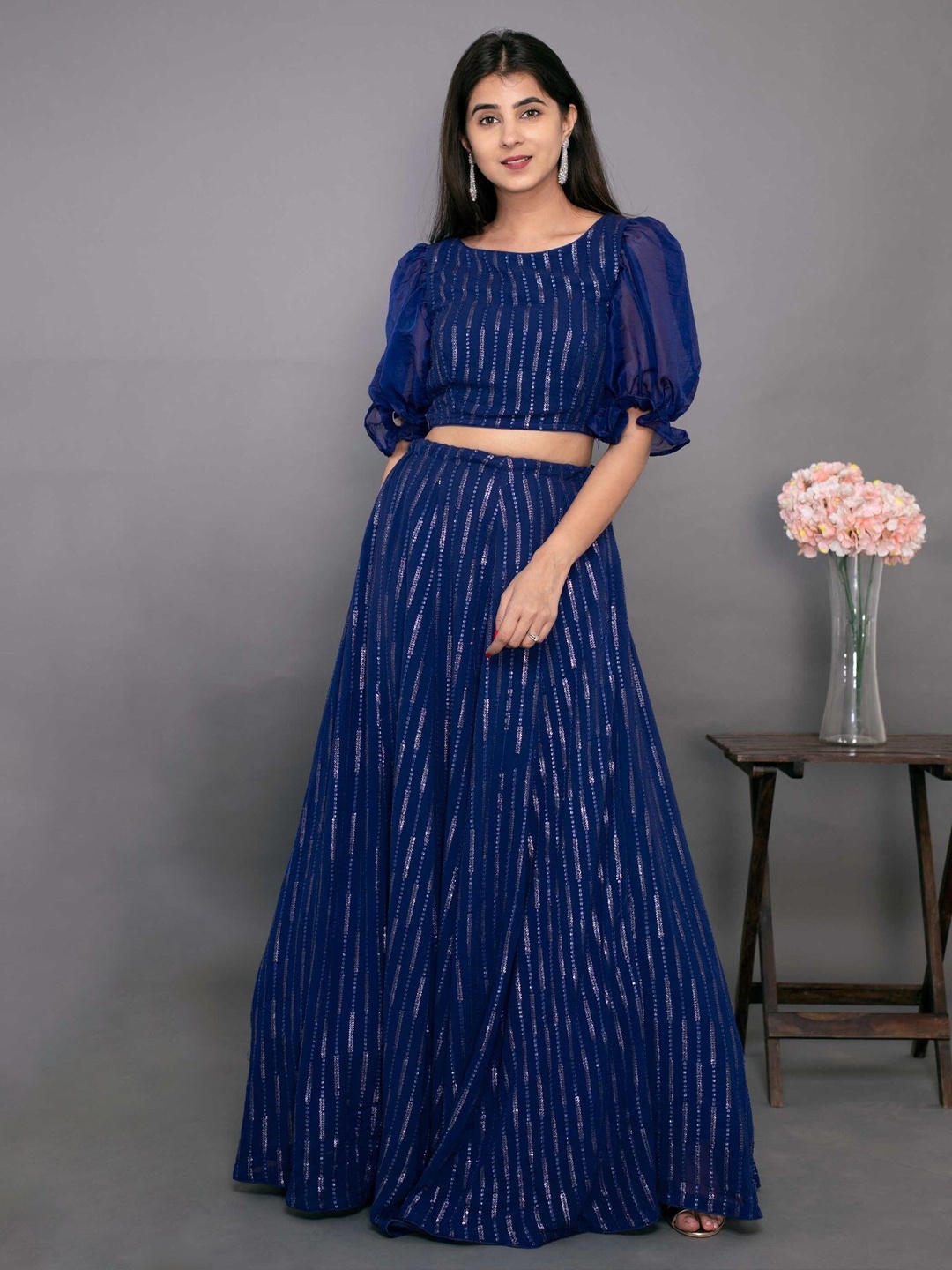 

Fashionuma Blue Embroidered Semi-Stitched Lehenga &