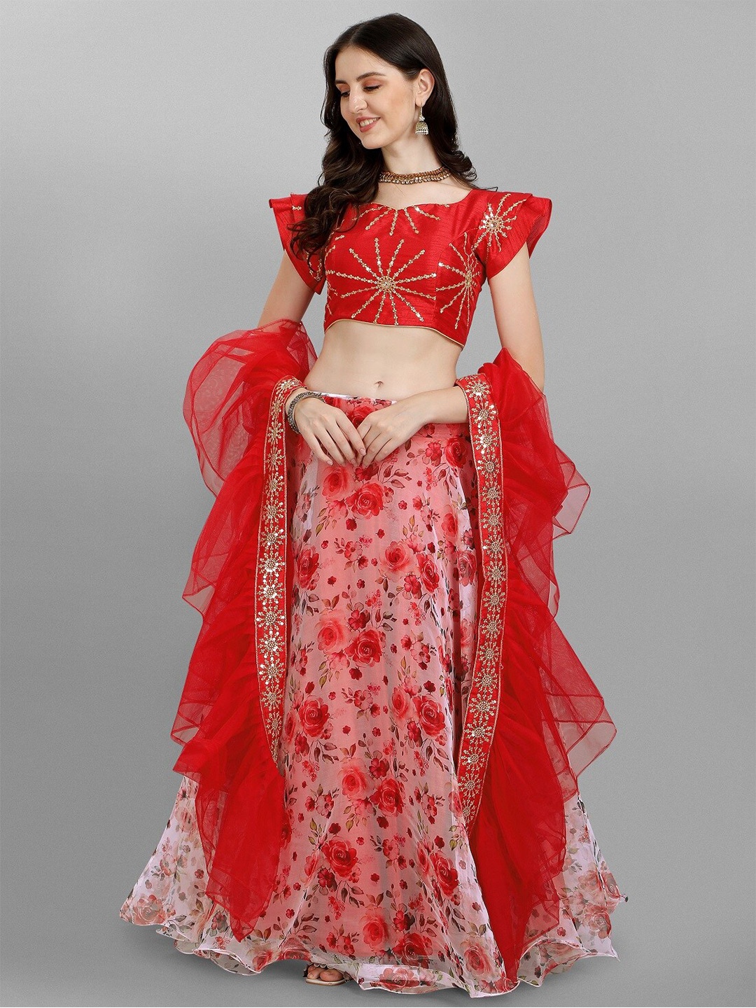 

Fashionuma Red & White Embroidered Unstitched Lehenga & Blouse With Dupatta