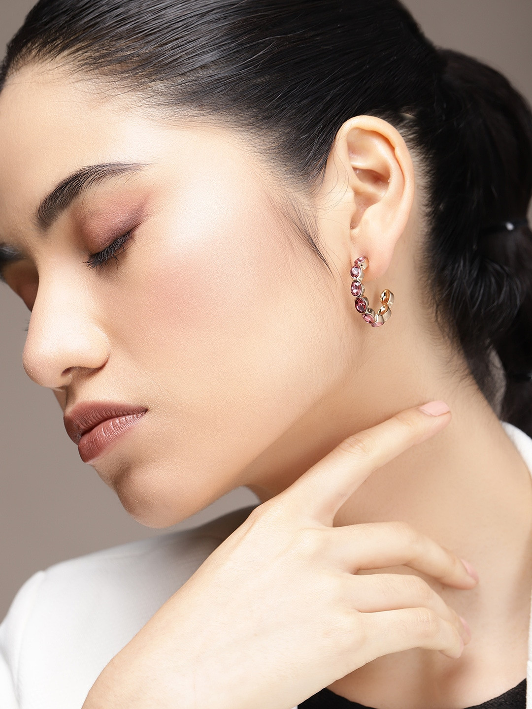 

bebe Purple & Gold-Toned Artificial Stones Studded Circular Half Hoop Earrings