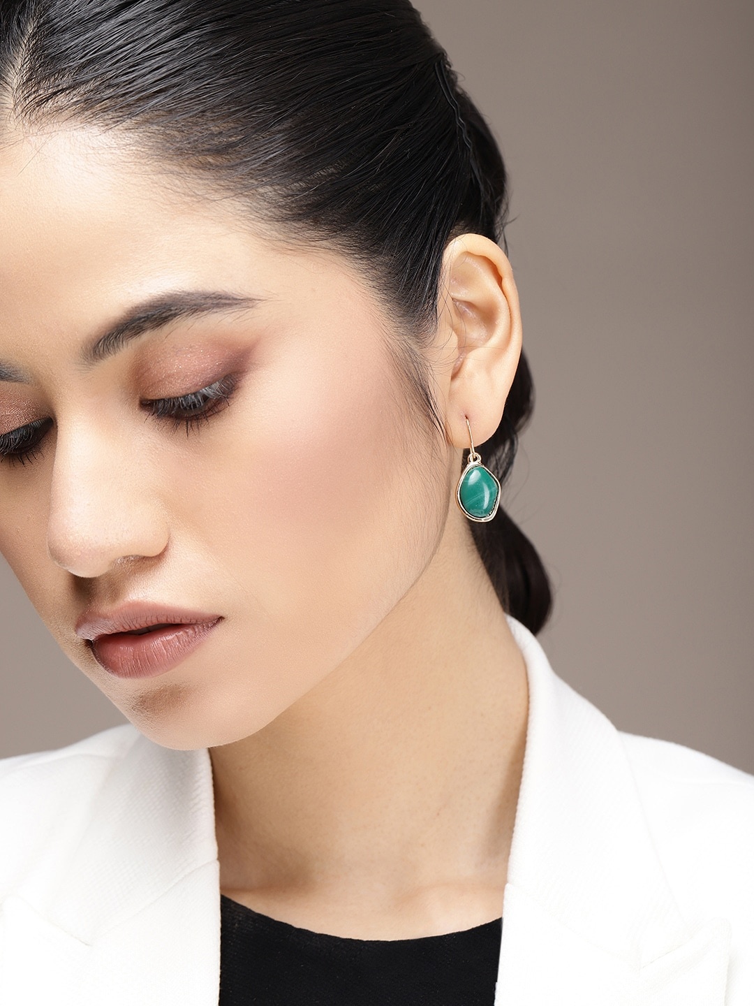 

bebe Green & Gold-Toned Artificial Beads Studded Oval Drop Earrings