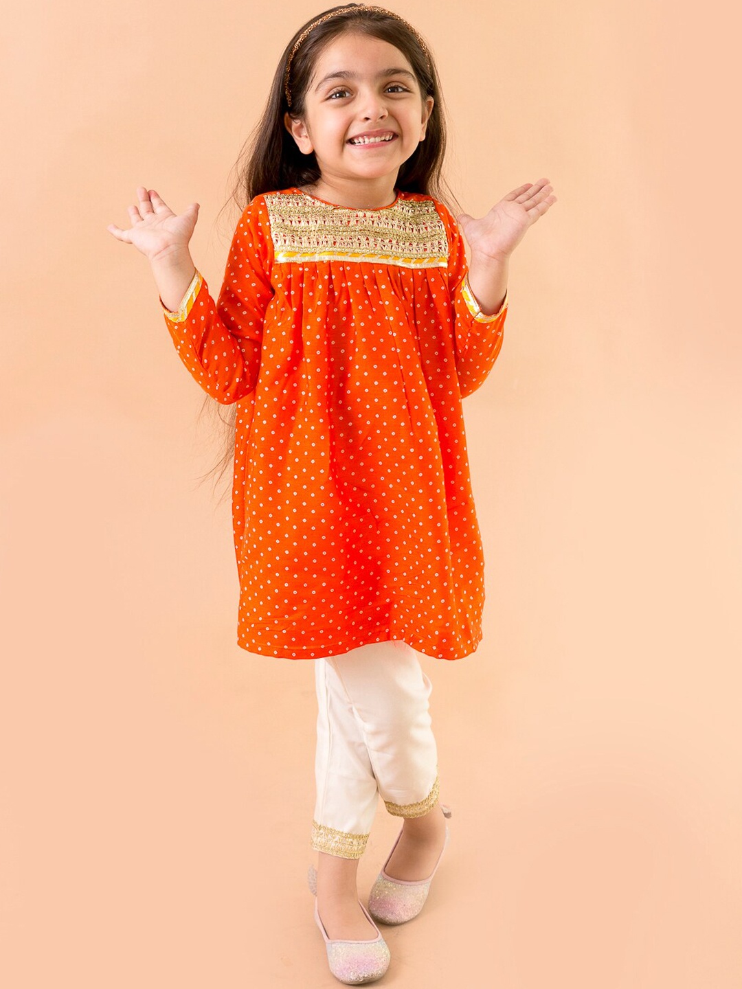 

Fairies Forever Girls Orange Yoke Design Pleated Gotta Patti Pure Cotton Kurta with Dhoti Pants