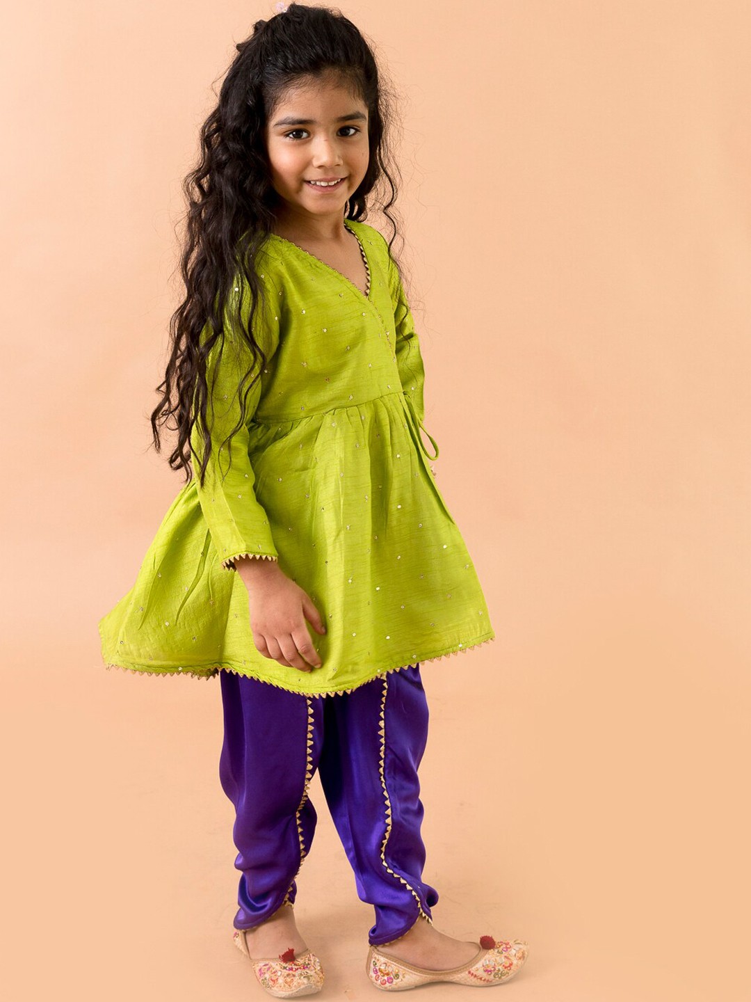 

Fairies Forever Girls Green Angrakha Kurti with Dhoti Pants