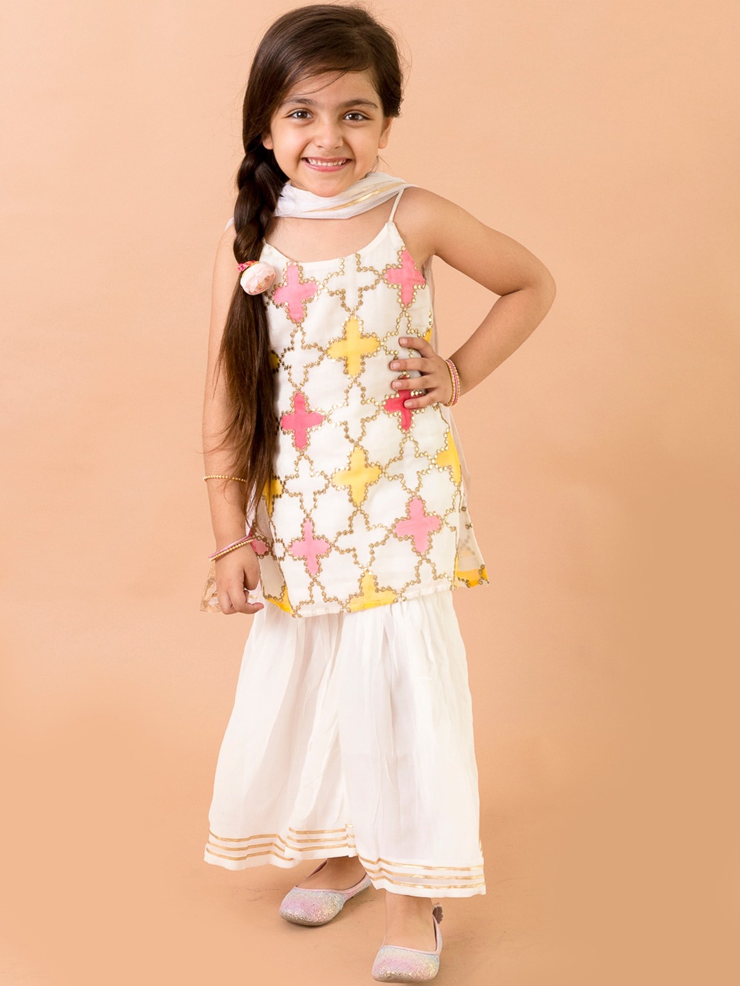

Fairies Forever Girls Off White Floral Embroidered Kurta with Sharara