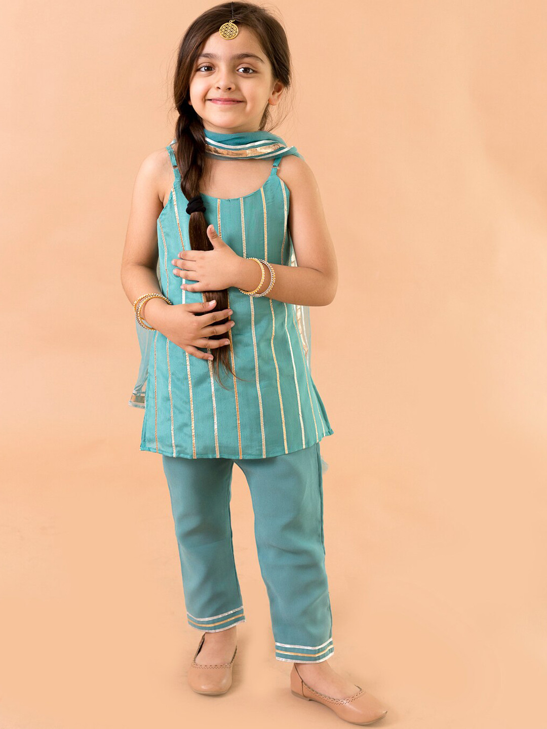 

Fairies Forever Girls Blue Striped Layered Pure Cotton Kurti with Trousers