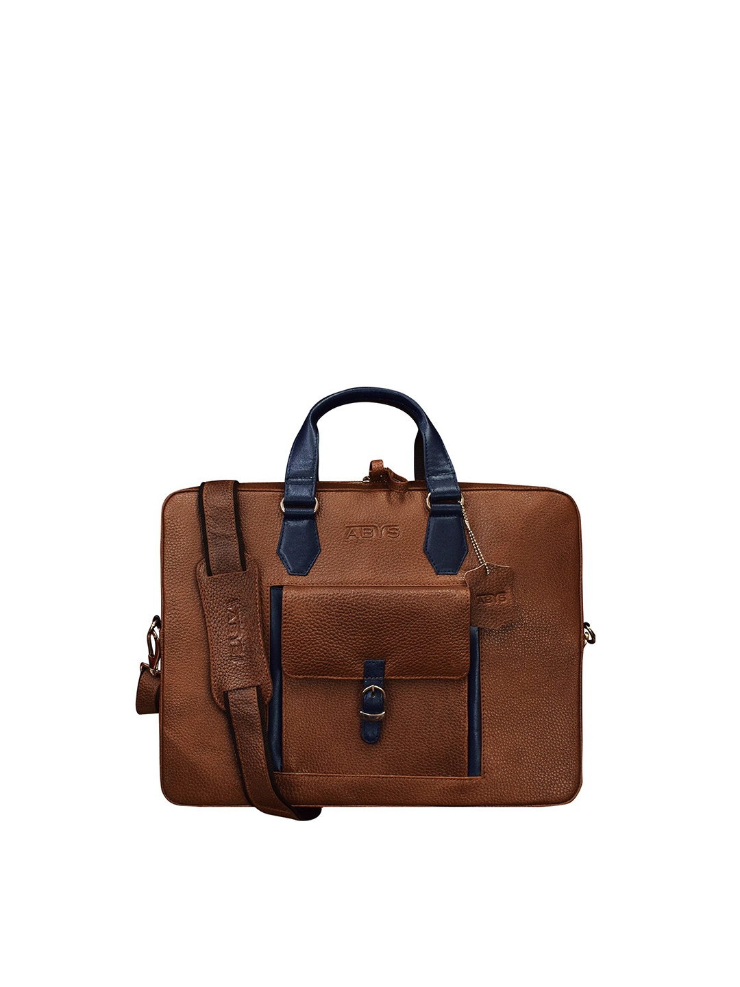 

ABYS Unisex Tan & Blue Textured Leather Laptop Bag