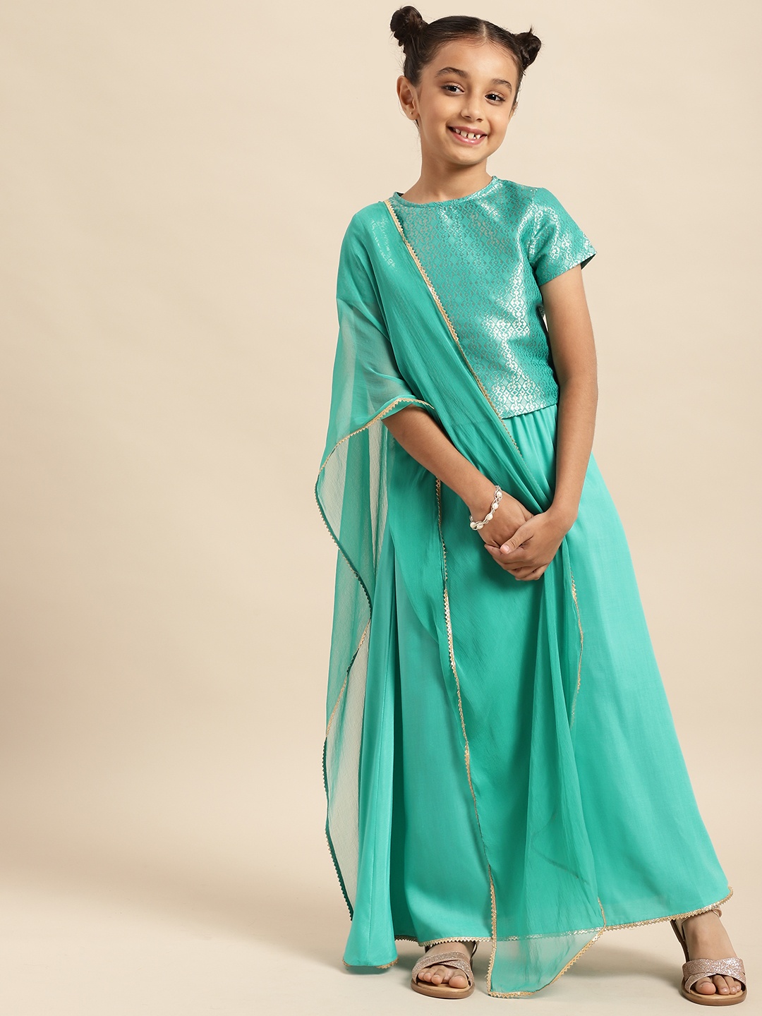 

House of Pataudi Girls Turquoise Blue Ready to Wear Lehenga & Blouse With Dupatta Set