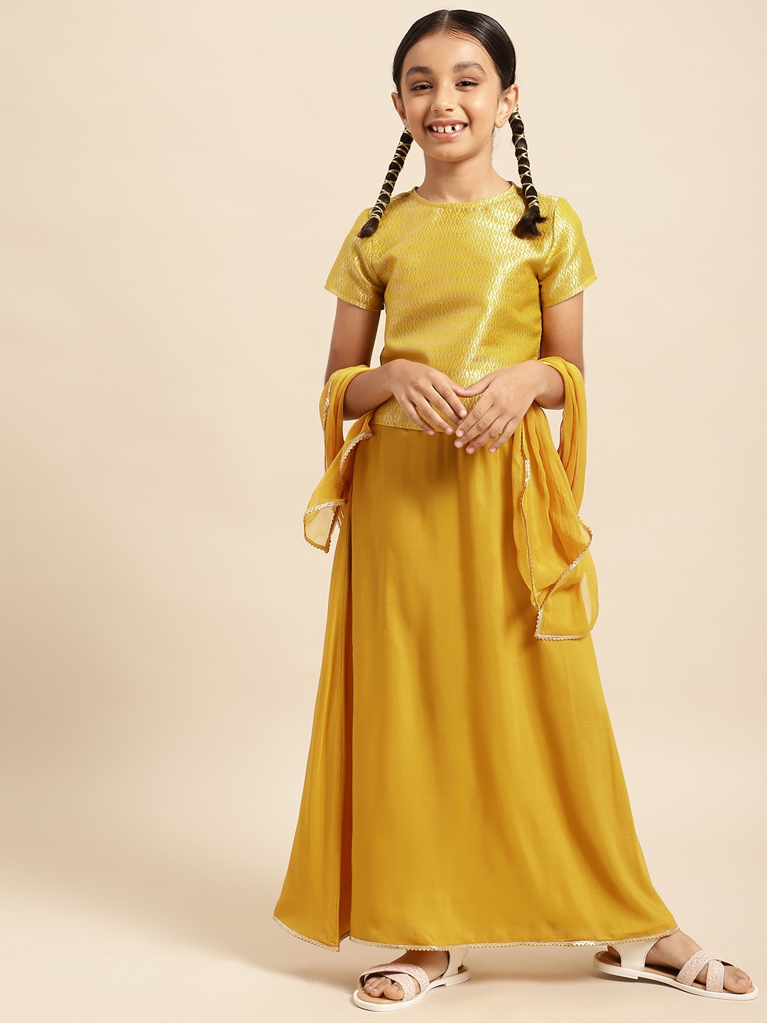 

House of Pataudi Girls Mustard Yellow Ready to Wear Lehenga & Blouse With Dupatta Set