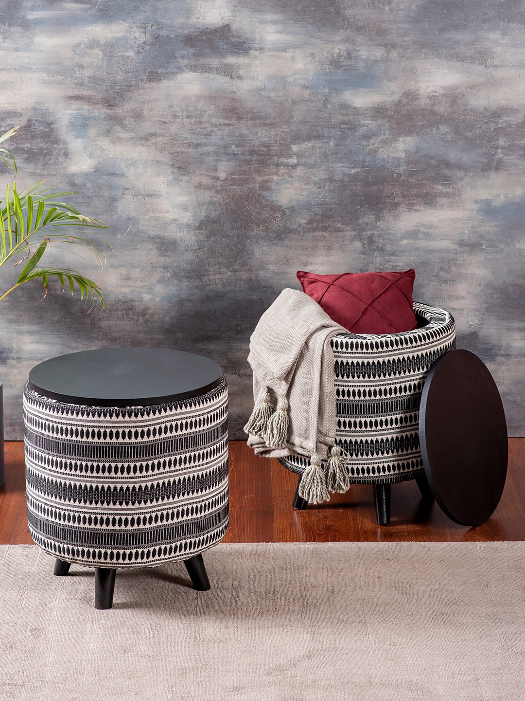 

nestroots Pack of 2 Black & White 3 Legged Ottomans