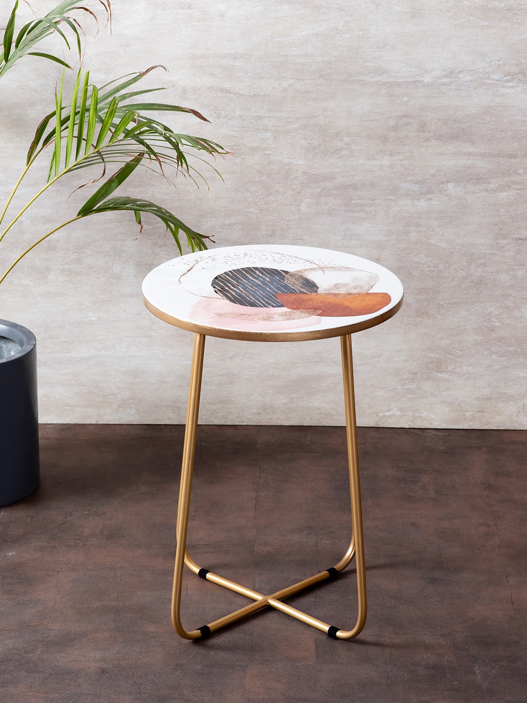 

nestroots White & Gold-Toned Printed Round Ottoman