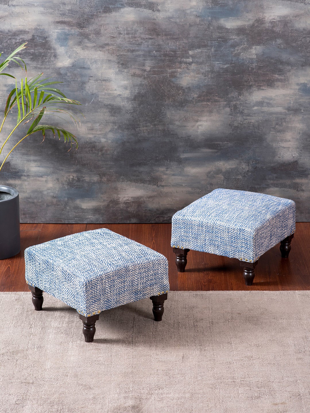 

Nestroots Pack of 2 Blue & White Printed Wooden Ottomans