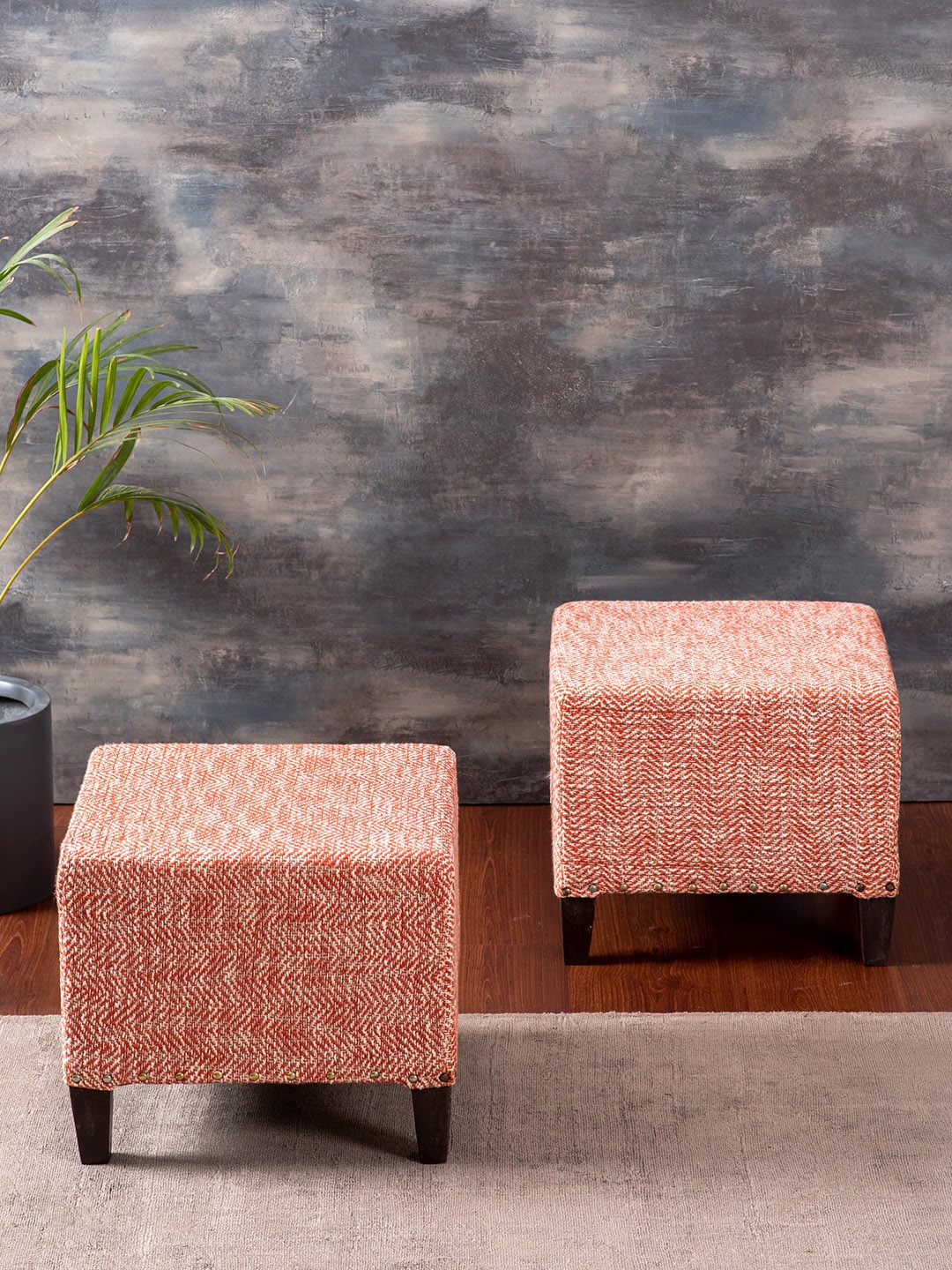 

nestroots Pack of 2 Pink Square Wooden Chawki Ottomans, Red